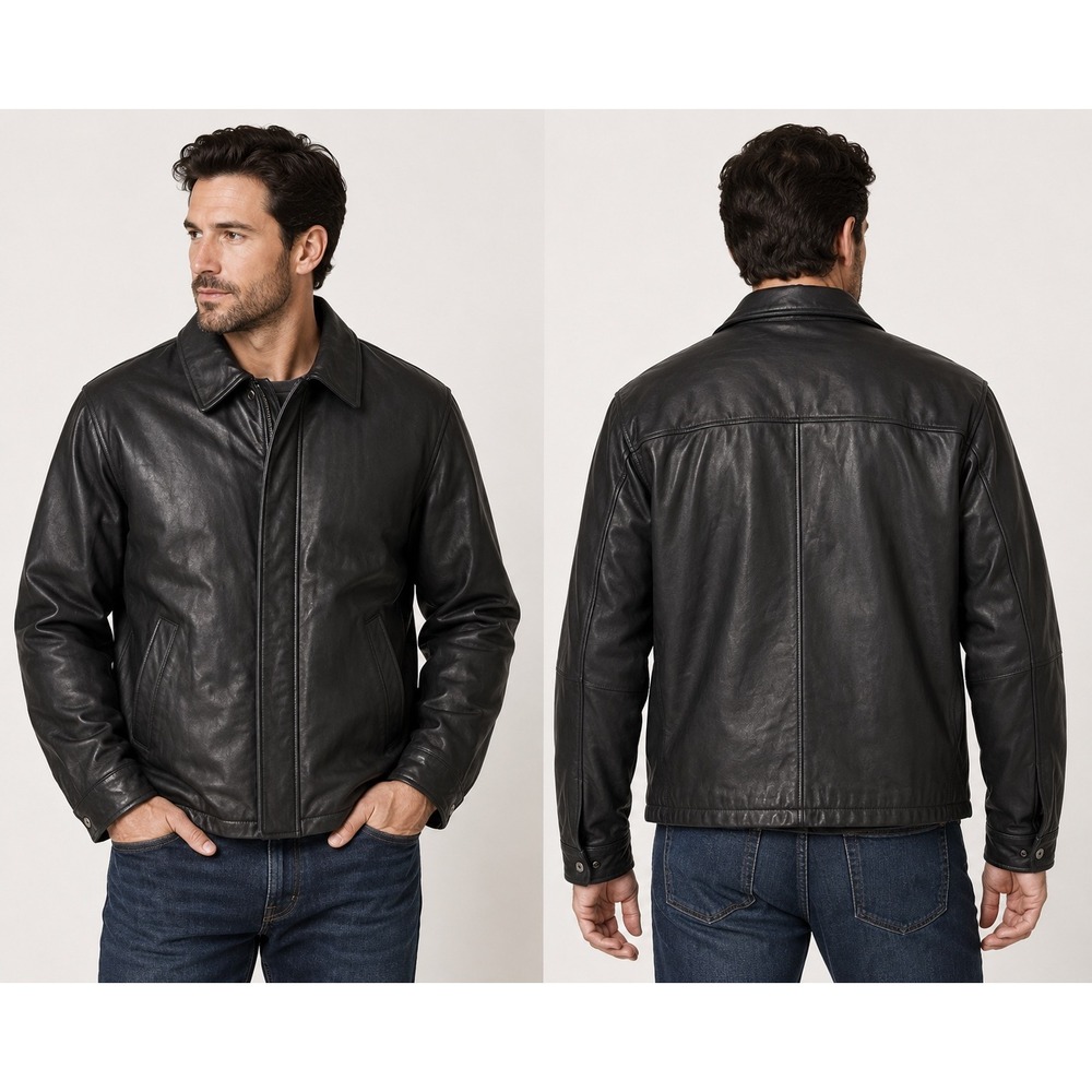 Jos A Bank Men Black Soft Leather Jacket Quilted Lining Zip Front Coat L